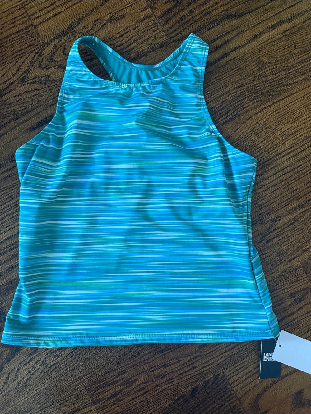 Girls size XL (14-16) Lands' End Aqua & Teal Striped Swim Tank